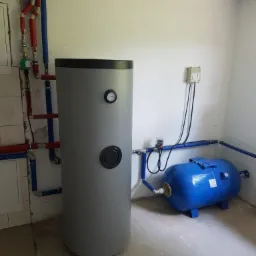Szary, cylindryczny zbiornik akumulacyjny z manometrem i okrągłym otworem rewizyjnym, obok niebieski zbiornik przeponowy, widoczne rury instalacyjne w kolorze czerwonym i niebieskim, oraz białe...