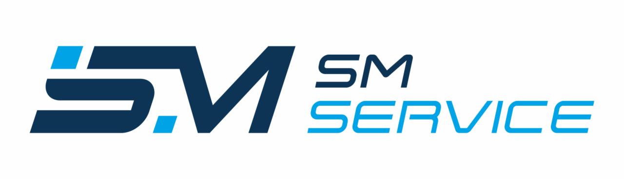Logo firmy SM Service w odcieniach niebieskiego, z nowoczesną typografią i geometrycznymi elementami.