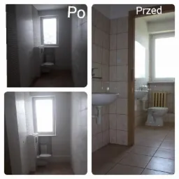 Kolaż przedstawia porównanie łazienki przed i po remoncie. Po lewej stronie widoczne są zdjęcia 'po', prezentujące odnowione wnętrze z jasnymi płytkami i nową armaturą. Po prawej stronie widoczne...