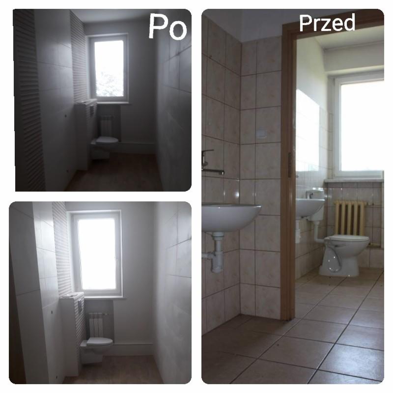 Kolaż przedstawia porównanie łazienki przed i po remoncie. Po lewej stronie widoczne są zdjęcia 'po', prezentujące odnowione wnętrze z jasnymi płytkami i nową armaturą. Po prawej stronie widoczne...