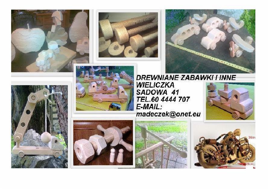 Kolaż zdjęć prezentujący drewniane zabawki: auta, dźwig, motor, owoce, nakrętki i śruby, z informacjami kontaktowymi firmy z Wieliczki.
