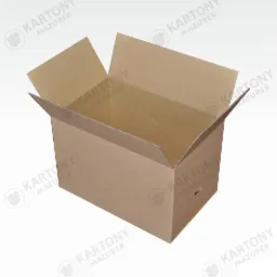 Otwarty, brązowy karton klapowy z nadrukowanym logo producenta na każdym boku, sfotografowany na białym tle.