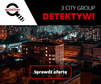 Nocny widok na miasto z budynkami, logo firmy z lupą w lewym górnym rogu i napis 'Sprawdź ofertę' na dole.