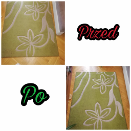 tanie pranie - Dywan w odcieniach zieleni z kremowym wzorem kwiatowym, ułożony na parkiecie, prezentowany w układzie 'przed' i 'po' czyszczeniu, z widocznymi napisami 'Przed' i 'Po'.