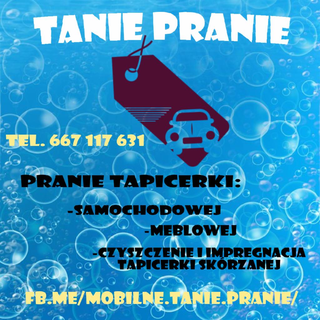 Grafika reklamowa 'Tanie Pranie' z numerem telefonu, ofertą prania tapicerki samochodowej, meblowej i skórzanej, oraz adresem strony internetowej, na błękitnym tle z motywem bąbelków.