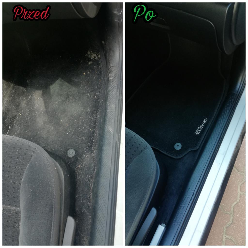 Wnętrze samochodu Volkswagen, widok na podłogę i dywanik: po lewej stronie widoczny silny brud i kurz, po prawej czysty, nowy dywanik z logo Volkswagen, prezentacja efektu czyszczenia.