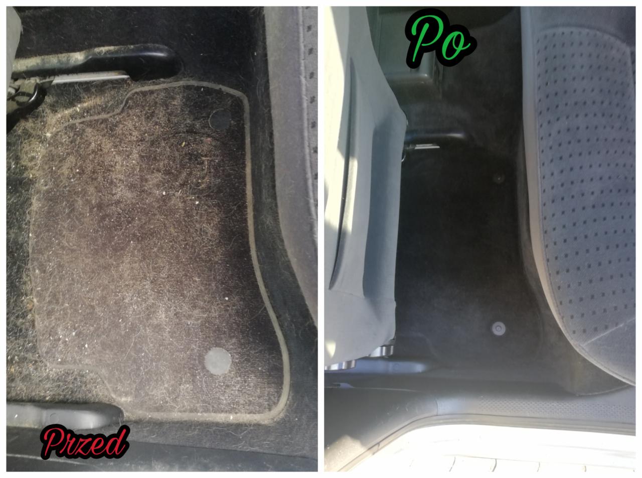 Porównanie dywanika samochodowego przed i po czyszczeniu: po lewej stronie dywanik bardzo zabrudzony sierścią i kurzem, po prawej stronie dywanik czysty, widoczne siedzenie samochodowe