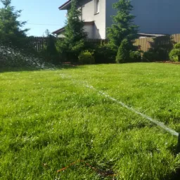 Automatyczny system nawadniania trawnika w trakcie pracy, zraszacz wysuwa się z ziemi, w tle dom, iglaki i drewniany płot.