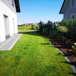 Zadbane podwórko z równo przystrzyżonym trawnikiem między dwoma nowoczesnymi domami, widoczne rabaty kwiatowe i obrzeża z kory.