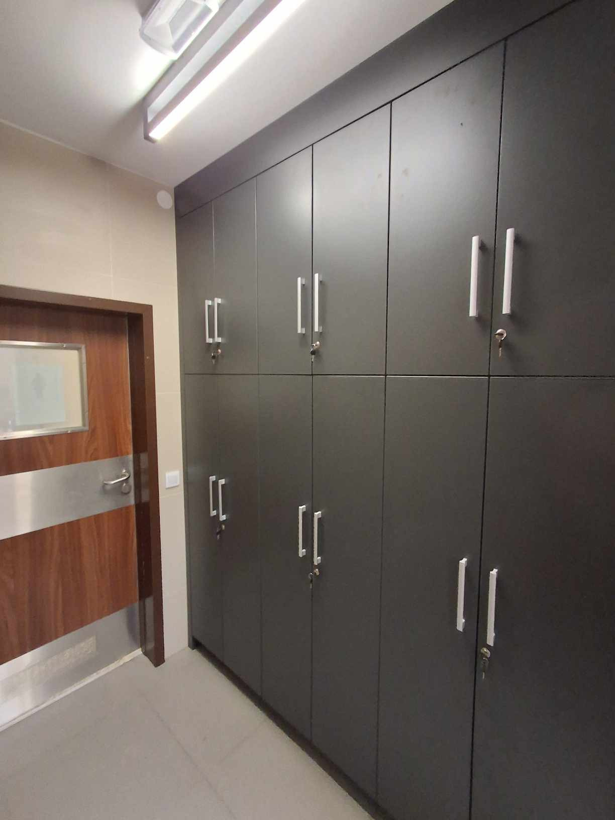 Ciemnoszare szafki z jasnymi uchwytami i zamkami, ustawione w rzędzie pod sufitem, obok drewnianych drzwi z metalowymi elementami.