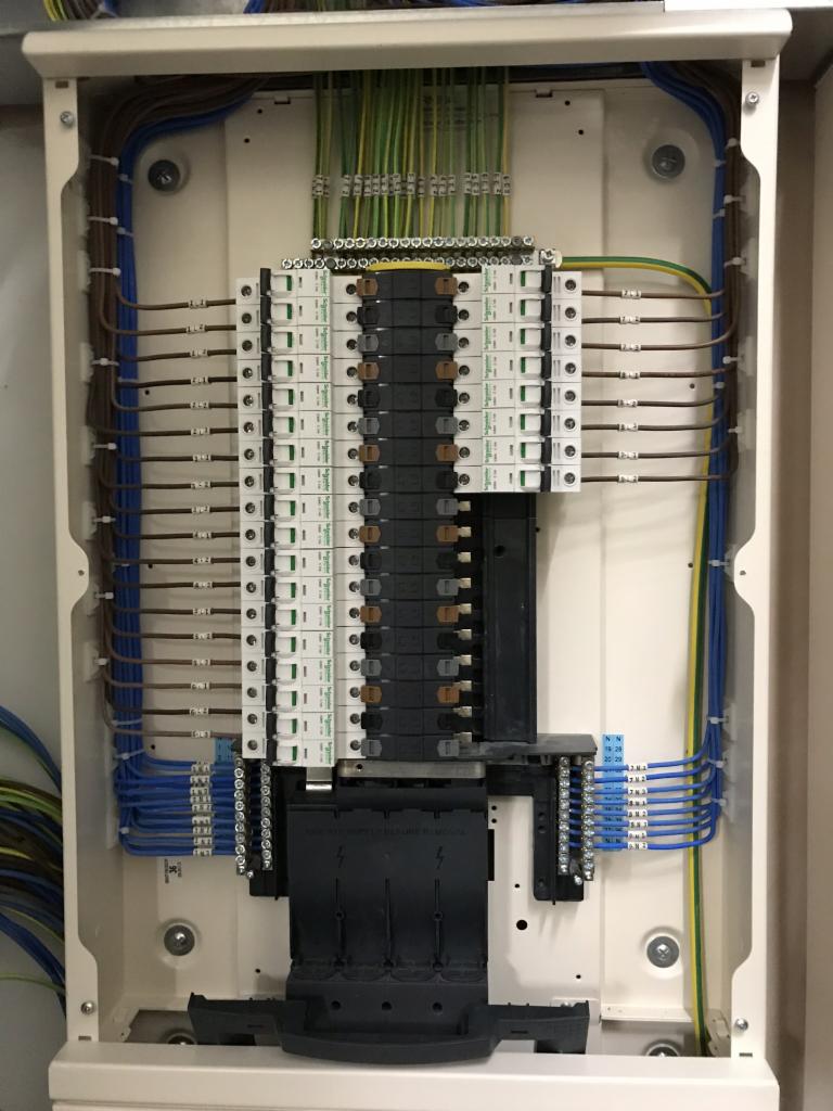 Otwarta skrzynka rozdzielcza z precyzyjnie ułożonymi przewodami w różnych kolorach, z widocznymi bezpiecznikami i elementami montażowymi.