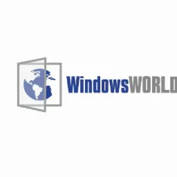 Logo firmy WindowsWORLD z motywem globu umieszczonego w ramie okiennej.