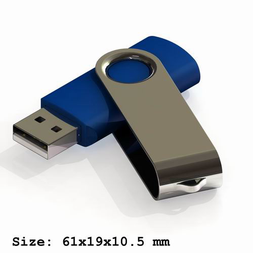 Niebieski pendrive z obrotową, metalową obudową na białym tle, widoczne wymiary 61x19x10.5 mm.