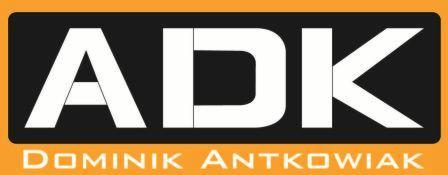 Logo firmy ADK Dominik Antkowiak z białym napisem na czarnym tle, umieszczone na pomarańczowym pasku z nazwą firmy.