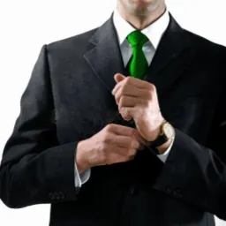 Mężczyzna w czarnym garniturze i zielonym krawacie zapina mankiet koszuli, widoczny złoty zegarek na skórzanym pasku.