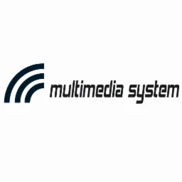 Logo firmy 'multimedia system' z trzema łukami symbolizującymi fale radiowe.