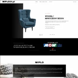 Strona internetowa firmy meblowej Miplo24.pl prezentująca fotel w kolorze morskim na tle minimalistycznego designu strony, z widocznym logo firmy i hasłem 'Wygoda / Nowoczesny Design'.