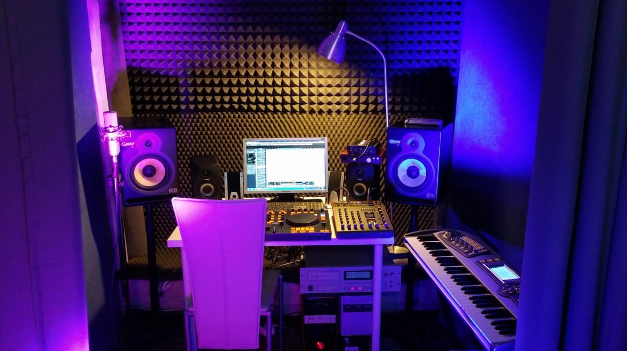 Kompaktowe pomieszczenie z akustycznymi panelami, biurkiem z monitorem, mikserem, klawiaturą MIDI i lampką biurkową, oświetlone fioletowym światłem.