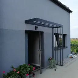 Nowoczesny dom z szarą elewacją i zadaszeniem nad wejściem wykonanym z metalowych profili w kolorze grafitowym, ozdobiony donicami z kwiatami i roślinami pnącymi.