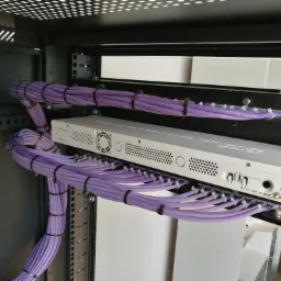 Zamknięta szafa serwerowa z zamontowanym switchem i uporządkowanymi fioletowymi kablami sieciowymi spiętymi czarnymi opaskami zaciskowymi.