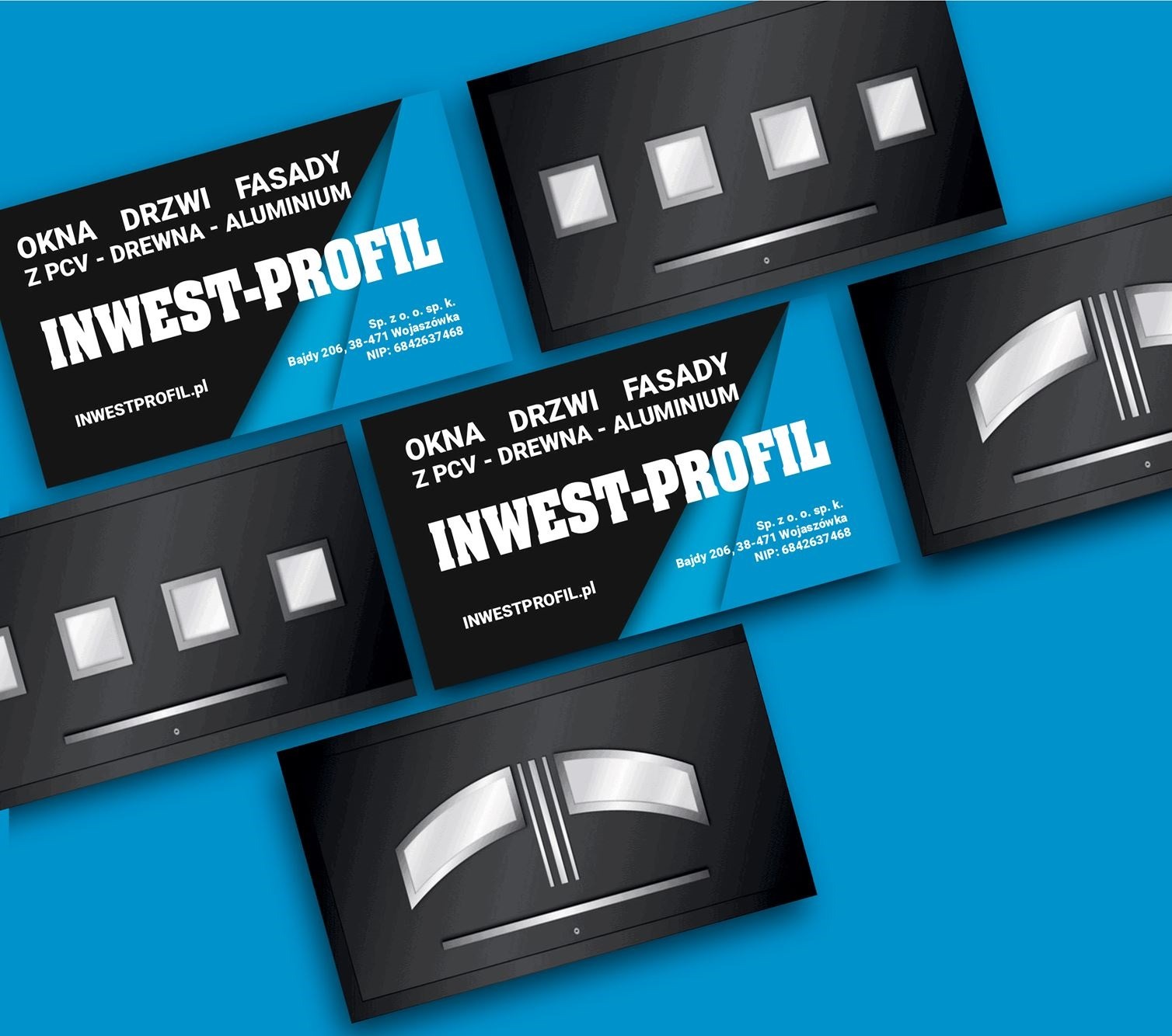 Wizytówki firmy Inwest-Profil prezentujące ofertę okien, drzwi i fasad z PCV, drewna i aluminium, z adresami i NIP-em firmy na niebieskim tle.