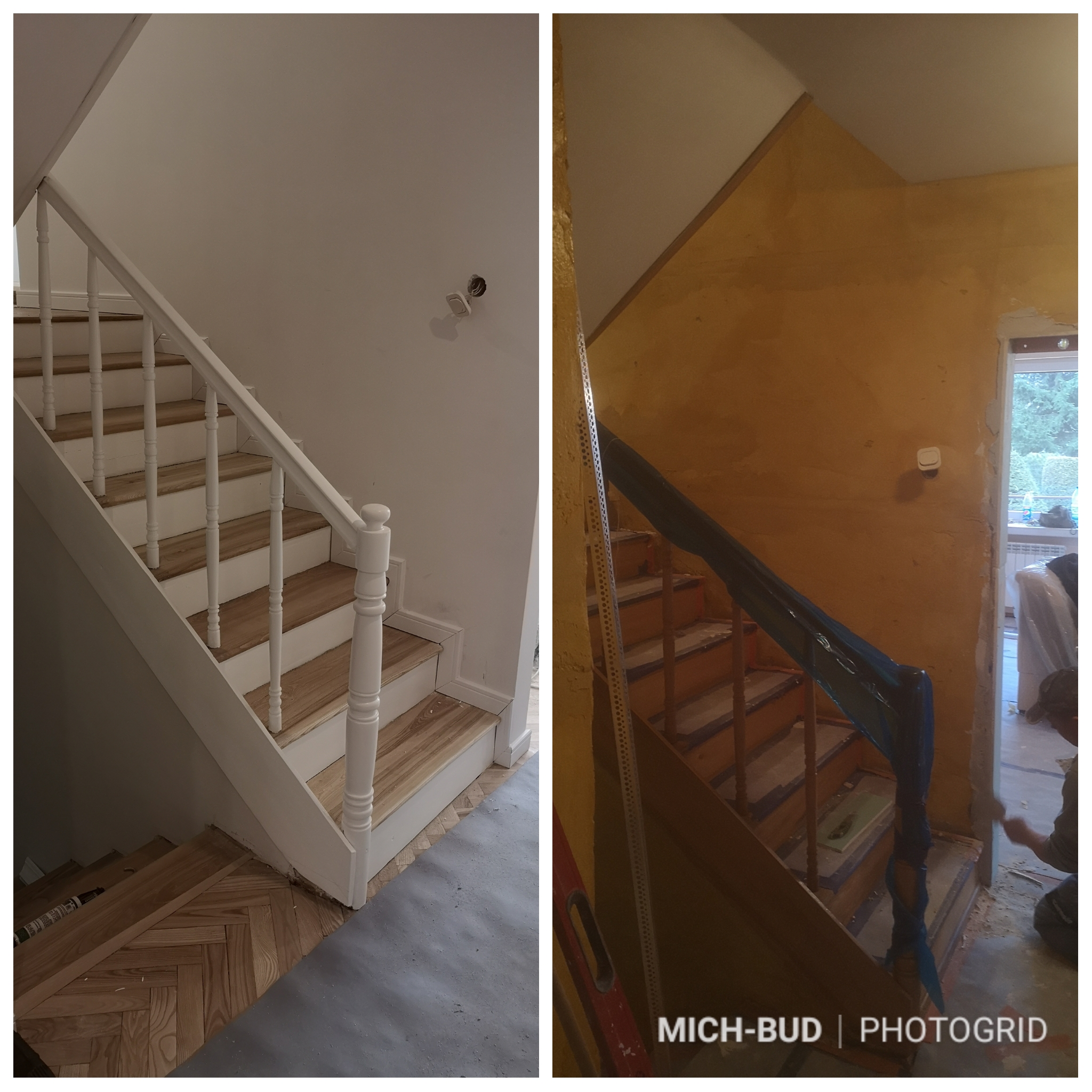 Zdjęcie przedstawia porównanie stanu schodów przed i po remoncie: po lewej stronie białe schody z drewnianymi stopniami i podłogą w jodełkę zabezpieczoną folią, po prawej surowe schody w trakcie...