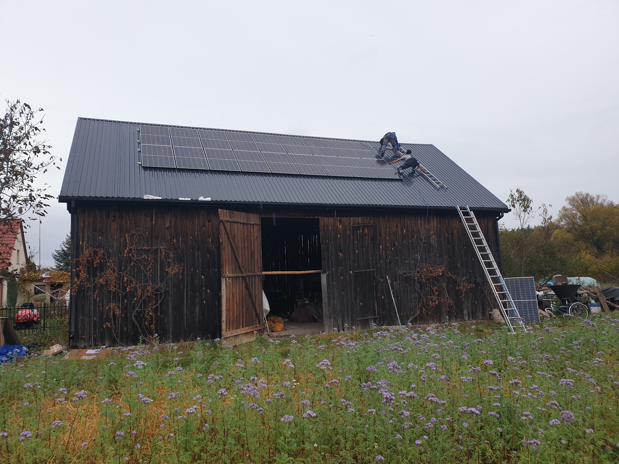 Montaż paneli słonecznych na dachu starej, drewnianej stodoły. Dwóch monterów pracuje na dachu, obok drabina. W tle łąka z fioletowymi kwiatami i zabudowania.