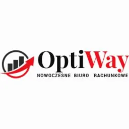 Logo firmy OptiWay: nowoczesne biuro rachunkowe z elementami graficznymi w postaci rosnącego wykresu słupkowego otoczonego strzałką. Kolorystyka: czarny i czerwony na białym tle.
