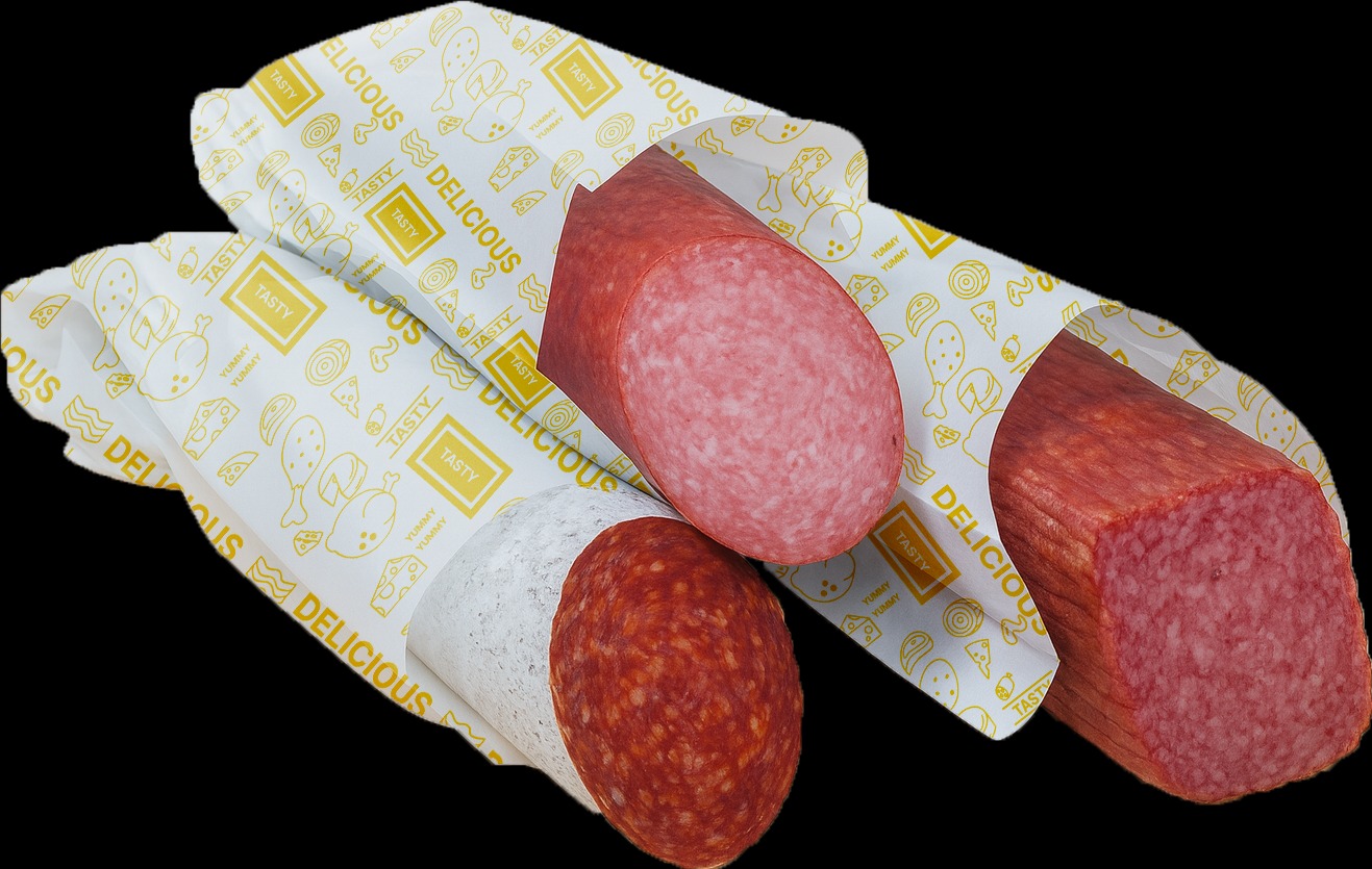 Trzy rodzaje salami w folii mineralnej Smart Paper z motywem jedzenia. Różne kształty i kolory salami, folia z napisem 'Tasty Delicious'.