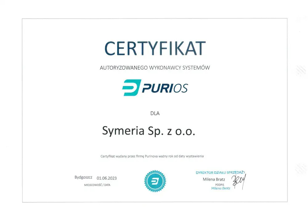 Certyfikat autoryzowanego wykonawcy systemów Purios dla Symeria Sp. z o.o. z datą wystawienia 01.06.2023, podpisany przez Dyrektora Działu Sprzedaży Milenę Bratz.