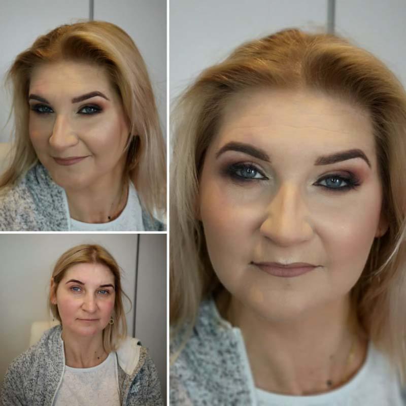 Kolaż przedstawiający metamorfozę makijażu kobiety: przed, po i zbliżenie na makijaż oczu z użyciem ciemnych cieni i rozświetlacza.