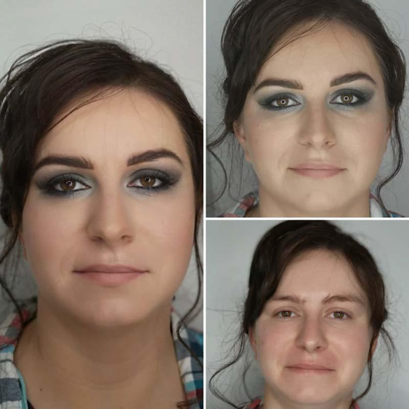 Kolaż przedstawiający twarz kobiety przed i po wykonaniu ciemnego, wieczorowego smoky eye z wyraźnie podkreślonymi brwiami i konturowaniem twarzy, widoczne różnice w odcieniu skóry i intensywności...