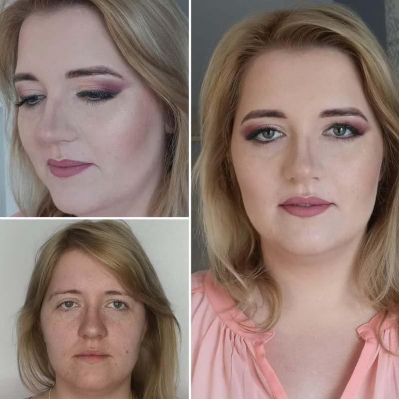 Kolaż przedstawiający twarz kobiety przed i po wykonaniu makijażu z użyciem różowych cieni do powiek i matowej pomadki.