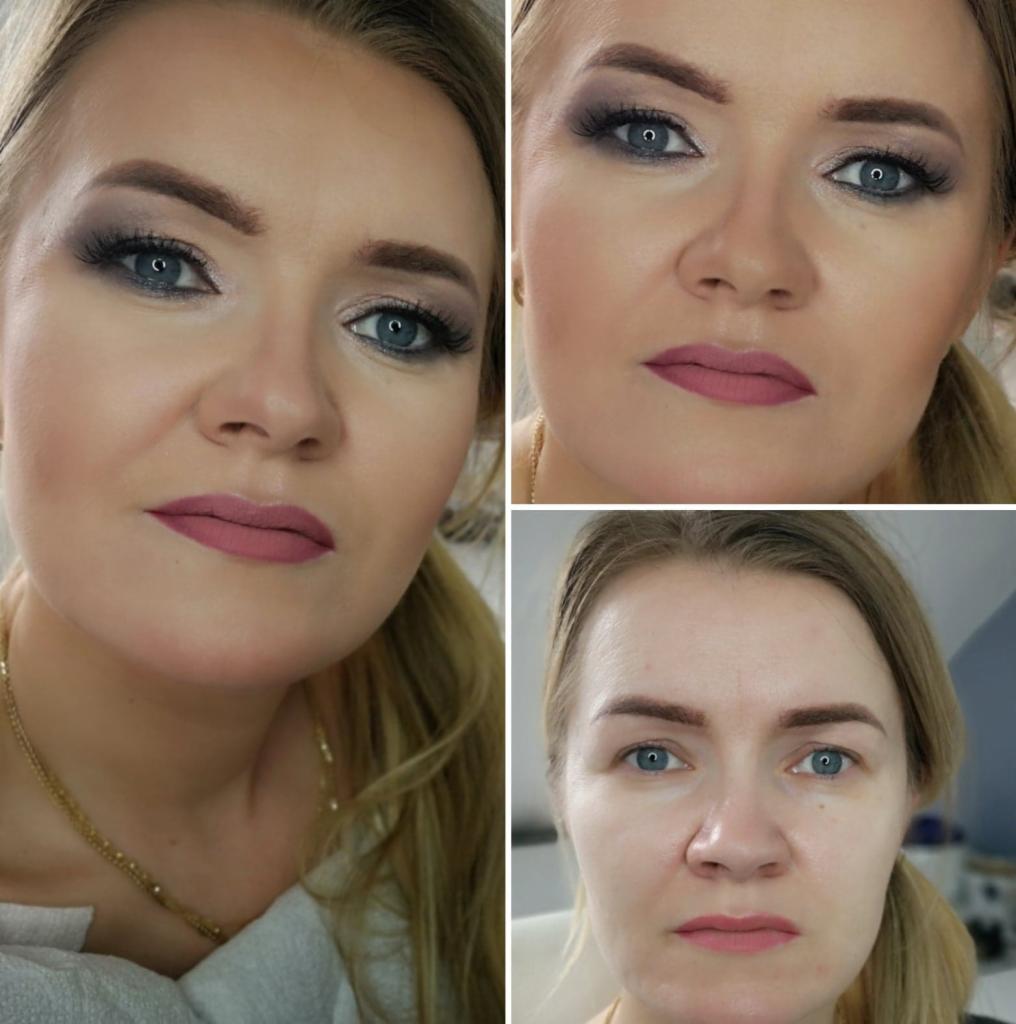 Kolaż przedstawiający twarz kobiety przed i po wykonaniu makijażu, z wyraźnym podkreśleniem oczu w odcieniach szarości i różu oraz matową pomadką w kolorze brudnego różu.