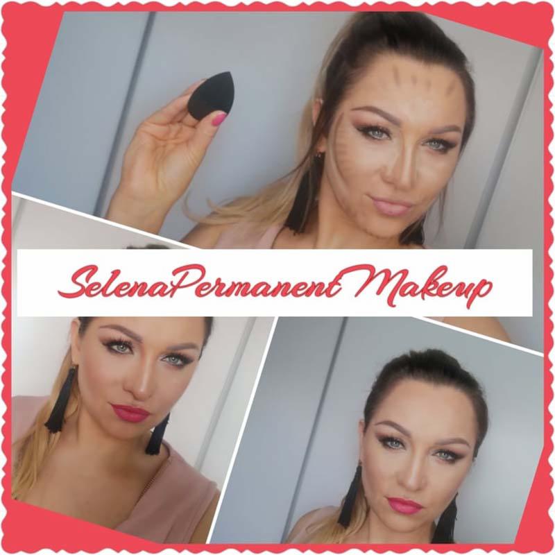 Kobieta w trakcie konturowania twarzy z użyciem gąbeczki, widoczne efekty przed i po, logo 'Selena Permanent Makeup' na środku.