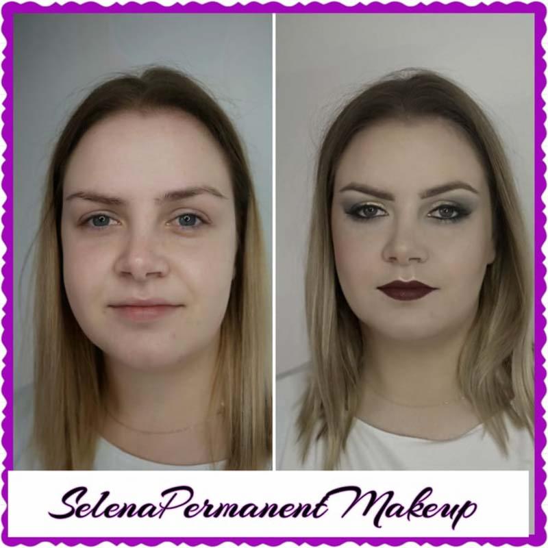 Kobieta przed i po, z widoczną różnicą w makijażu oczu (smoky eye) i ust (ciemna szminka), na jasnym tle.