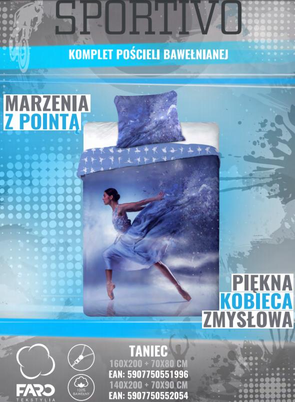 Komplet pościeli bawełnianej Sportivo z nadrukiem baleriny w tanecznej pozie na tle błękitnych chmur, z poduszką w identycznym wzorze, prezentowany na reklamowym tle z hasłami 'Marzenia z pointa'...