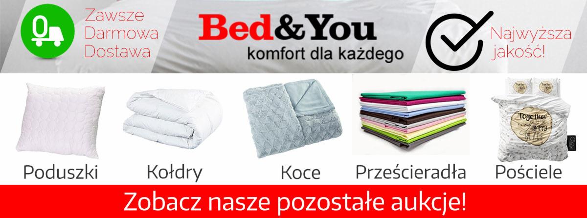 Kolaż produktów tekstylnych do sypialni marki Bed&You: poduszka, kołdra, koc, stos prześcieradeł i komplet pościeli z nadrukiem, z informacją o darmowej dostawie i najwyższej jakości.