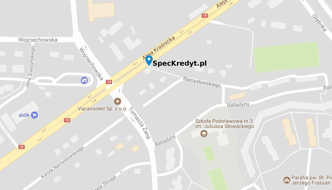 Mapa z zaznaczoną lokalizacją z adresem internetowym SpecKredyt.pl na skrzyżowaniu ulic Aleja Kraśnicka i Namysłowskiego.