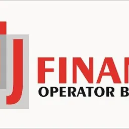 Logo firmy MJ Finanse, operator bankowy, z czerwonymi literami i geometrycznym znakiem graficznym.