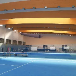 Jasne, błękitne boisko do tenisa w hali sportowej z drewnianym sufitem i rzędami lamp LED.