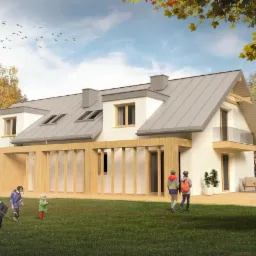 Wizualizacja domu jednorodzinnego z szarą dachówką, drewnianą elewacją i przeszkloną balustradą balkonu, otoczonego zielonym trawnikiem i drzewami w jesiennych barwach, z bawiącymi się dziećmi...