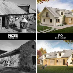 Porównanie wizualizacji: Stary, ceglany budynek gospodarczy przed rozbudową w czerni i bieli zestawiony z nowoczesnym, białym domem z drewnianymi elementami po rozbudowie w kolorze.
