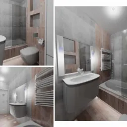 Wizualizacja łazienki z płytkami imitującymi drewno, umywalką z szafką w kolorze szarym, grzejnikiem drabinkowym i kabiną prysznicową ze szklaną ścianą.