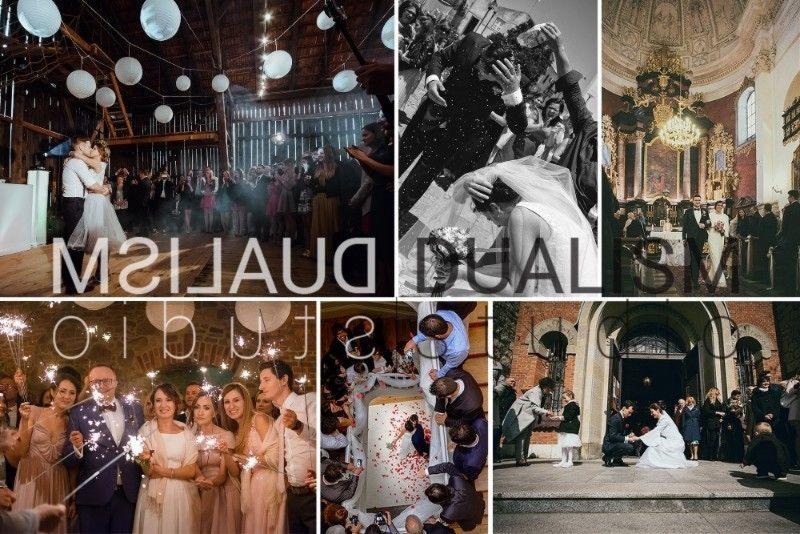 Kolaż z ujęć z ceremonii i przyjęcia weselnego: taniec w stodole z lampionami, czarno-białe zdjęcie wzruszonej pary, wnętrze kościoła, goście z zimnymi ogniami, krojenie tortu z płatkami róż, para...