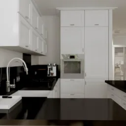 Nowoczesna kuchnia z białymi szafkami, czarnym blatem i srebrnymi akcentami, widoczne srebrne lampy wiszące i dekoracyjna ananasowa rzeźba.