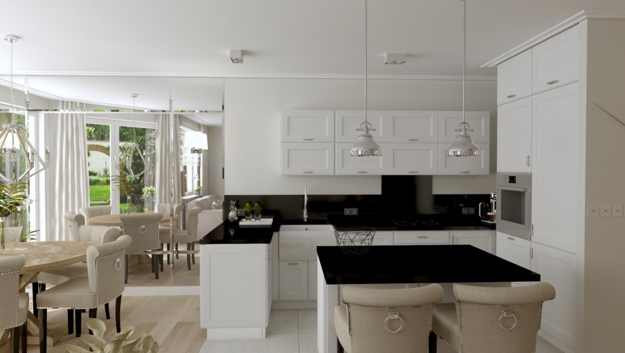 Jasna kuchnia z czarnym blatem, wyspą i widokiem na salon z jadalnią, oświetlona wiszącymi lampami w stylu industrialnym.