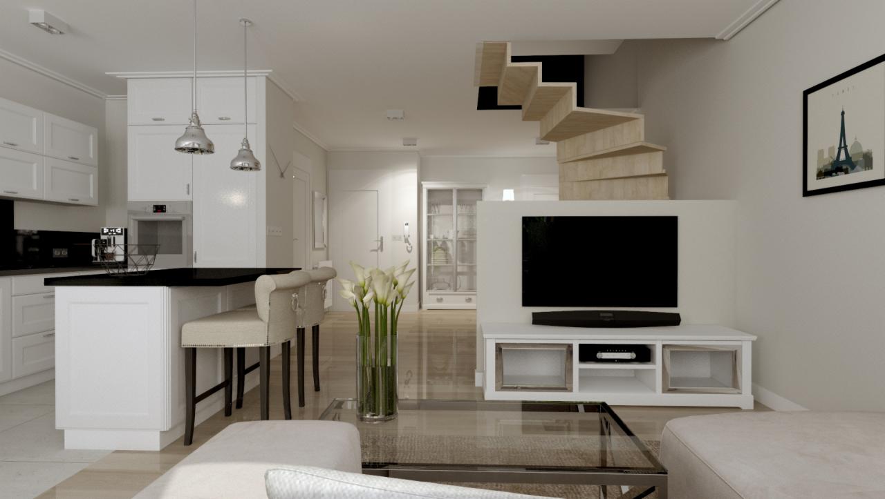Wizualizacja przestronnego wnętrza w Kołobrzegu: biała kuchnia z wyspą i hokerami, salon z telewizorem i schodami spiralnymi, całość utrzymana w jasnej kolorystyce.