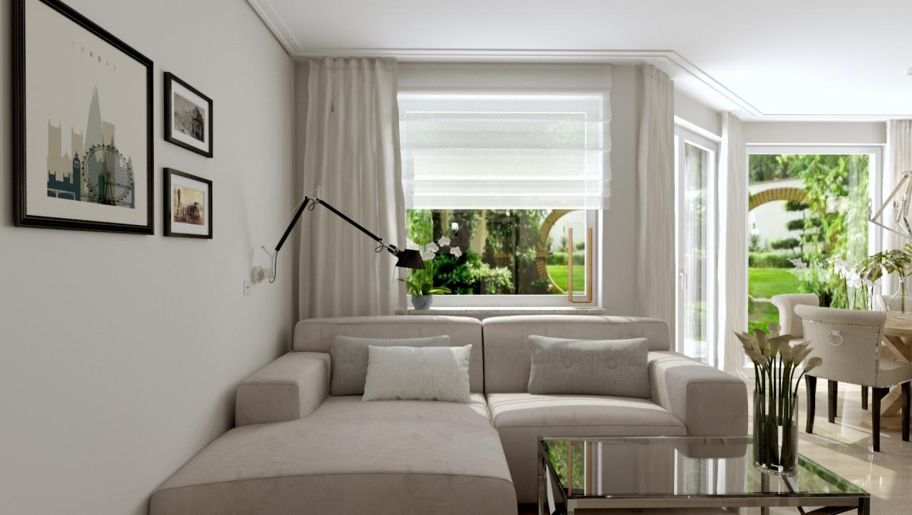 Jasny salon z narożną sofą, widokiem na ogród przez okno z roletą rzymską i lampą ścienną w stylu industrialnym.