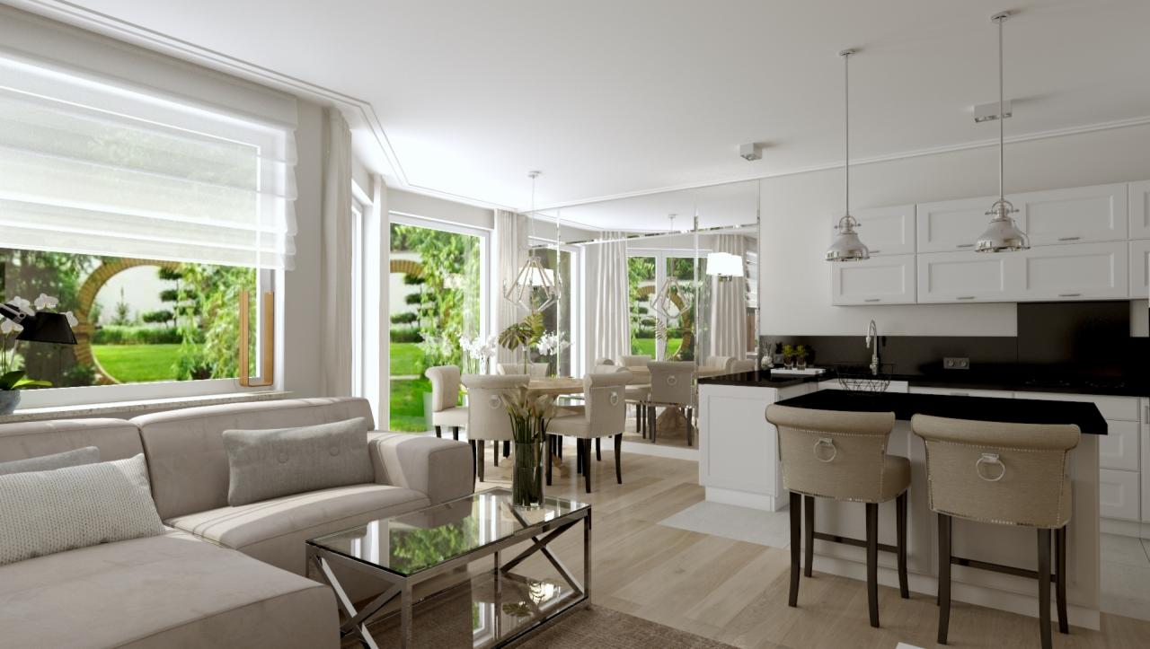 Jasne, przestronne wnętrze: salon z narożną sofą, szklanym stolikiem kawowym, jadalnia z okrągłym stołem i krzesłami z tapicerowanymi oparciami, kuchnia z czarnym blatem i białymi szafkami, duże...